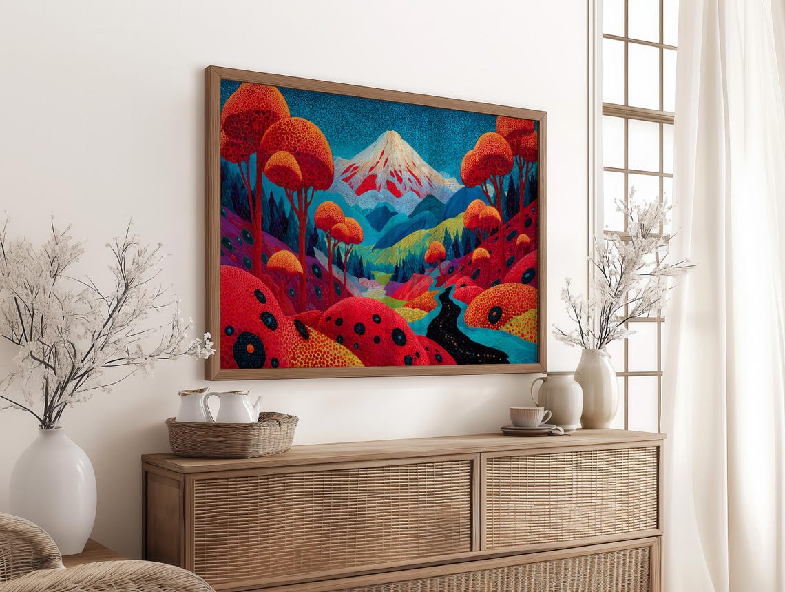 Crimson Valley Snow Peaks Vibrant Colorful Mountain Landscape Poster