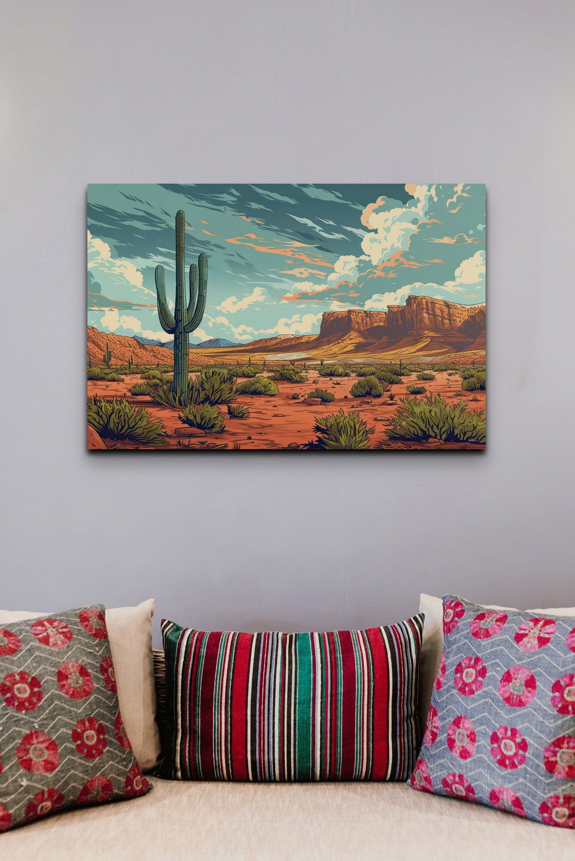 Retro Desert Illustration Saguaro Cactus Red Rock Mesa Wall Art - Image 4