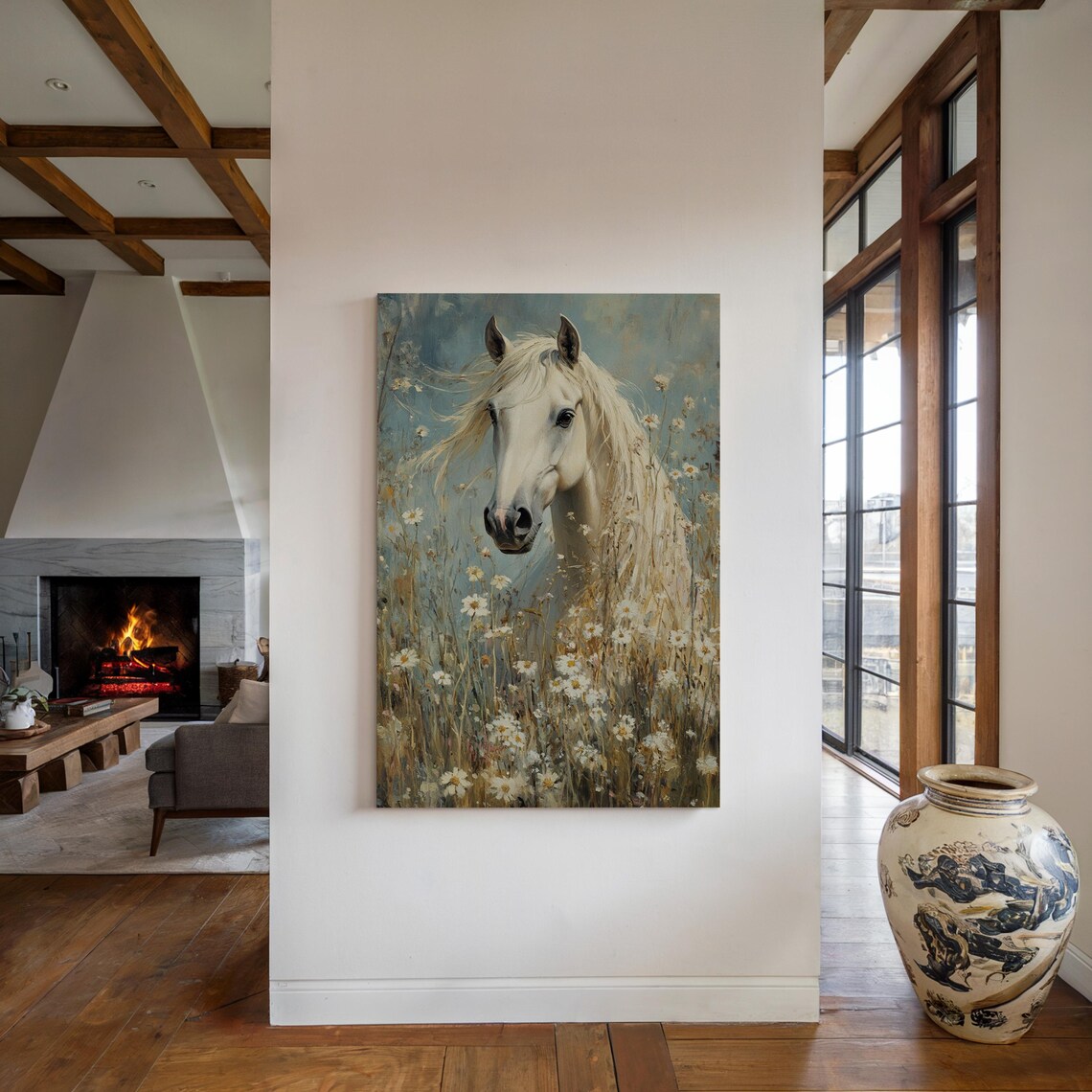 White Horse In Wildflower Meadow, Rustic Art Print - Image 3