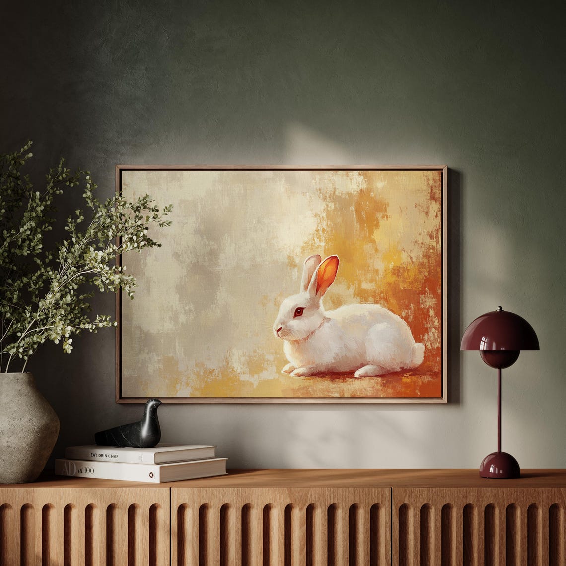 White Rabbit Resting on Warm Golden Textured Background Poster - Image 4