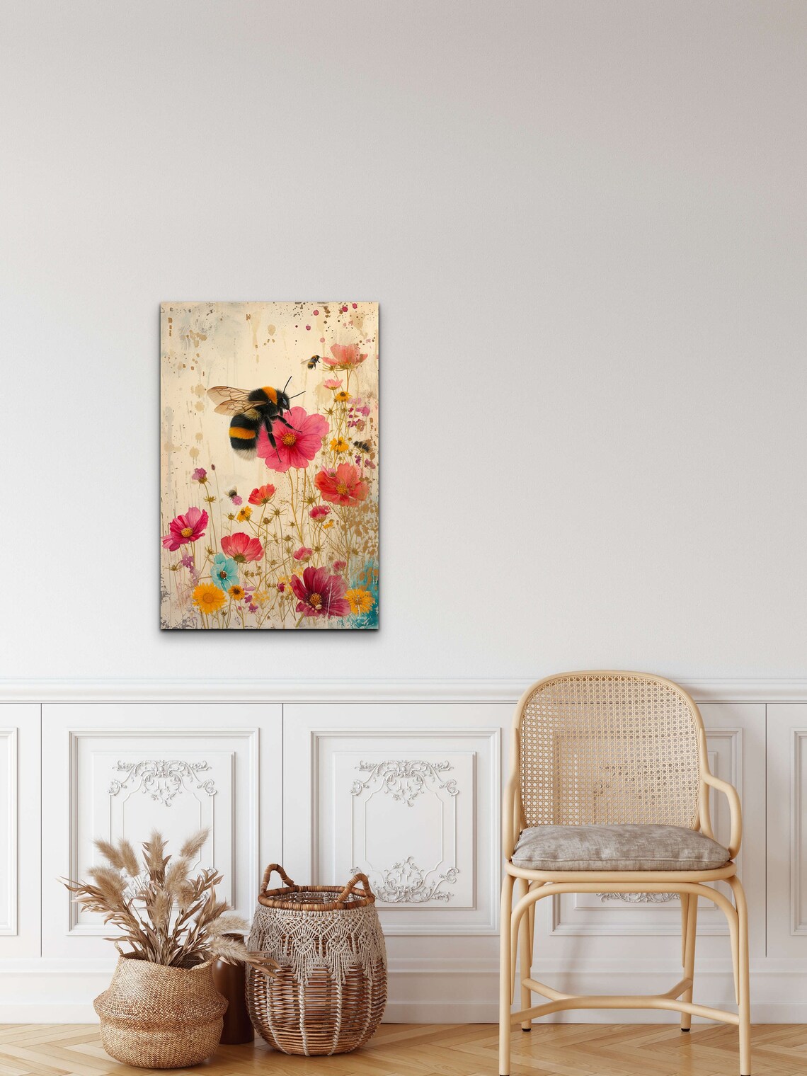 Bumble Bee Pink Wildflowers Watercolor Summer Meadow Garden Poster - Image 6