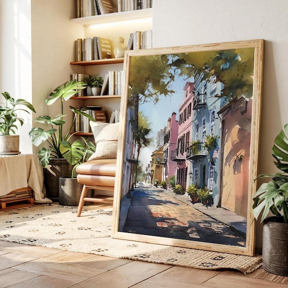 Colorful Charleston Street Canvas Wall Art Watercolor Cityscape Of Historic Homes Vibrant Architecture Dcor For Home Or Office
