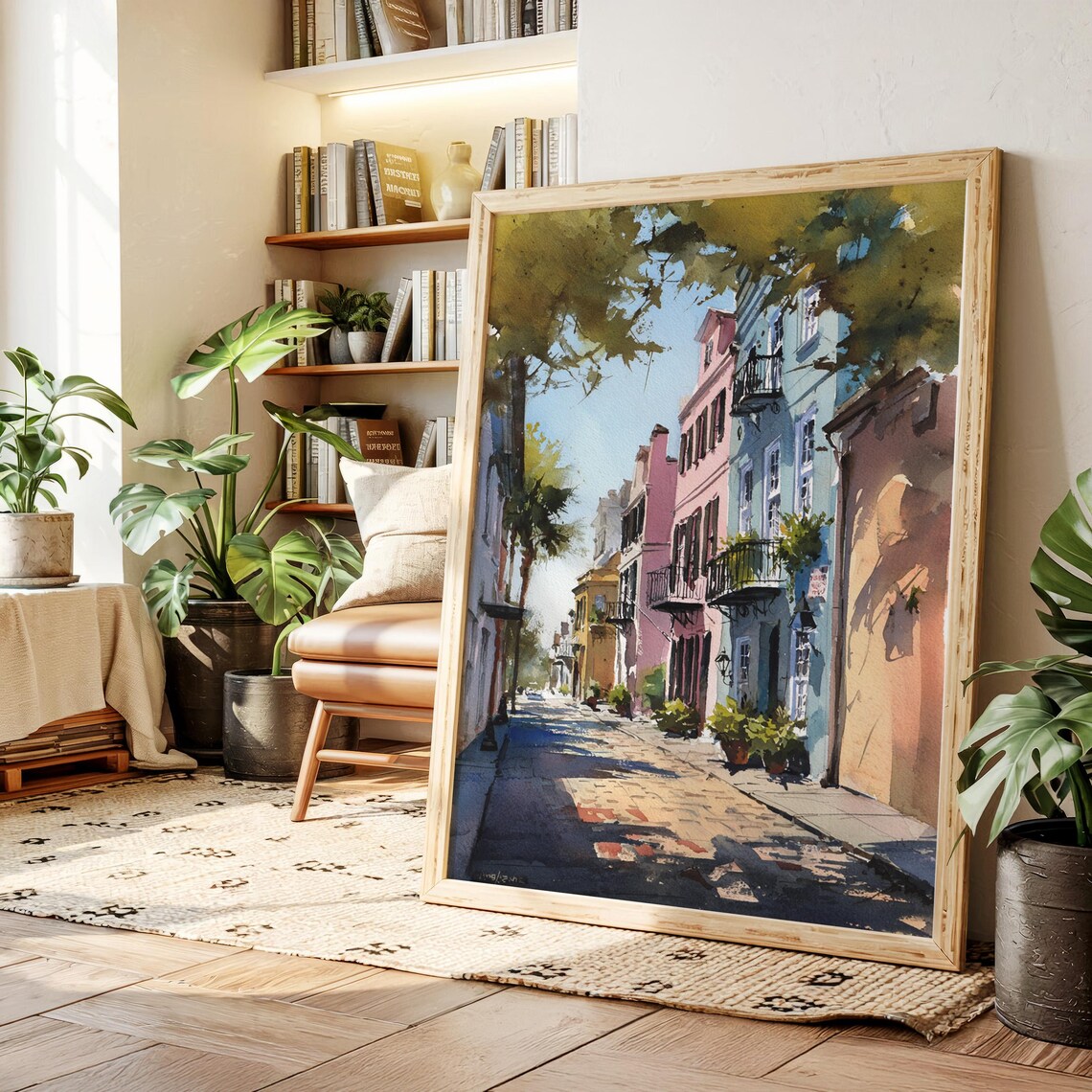 Colorful Charleston Street Historic Houses Watercolor Cityscape Poster
