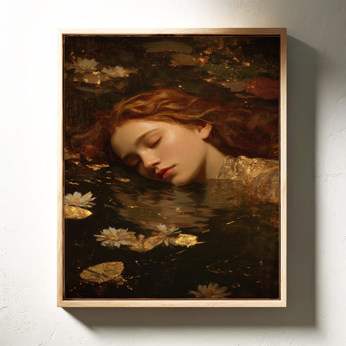 Red Haired Ophelia Floating Dark Water Lily Scene Painting Poster