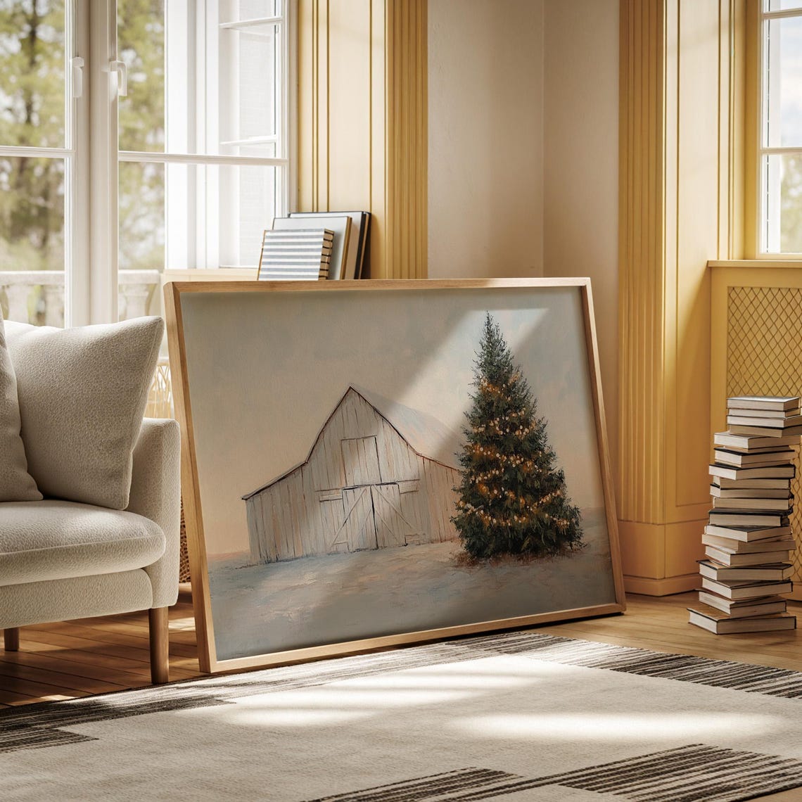 Rustic White Barn With Christmas Tree Winter Farmhouse Poster