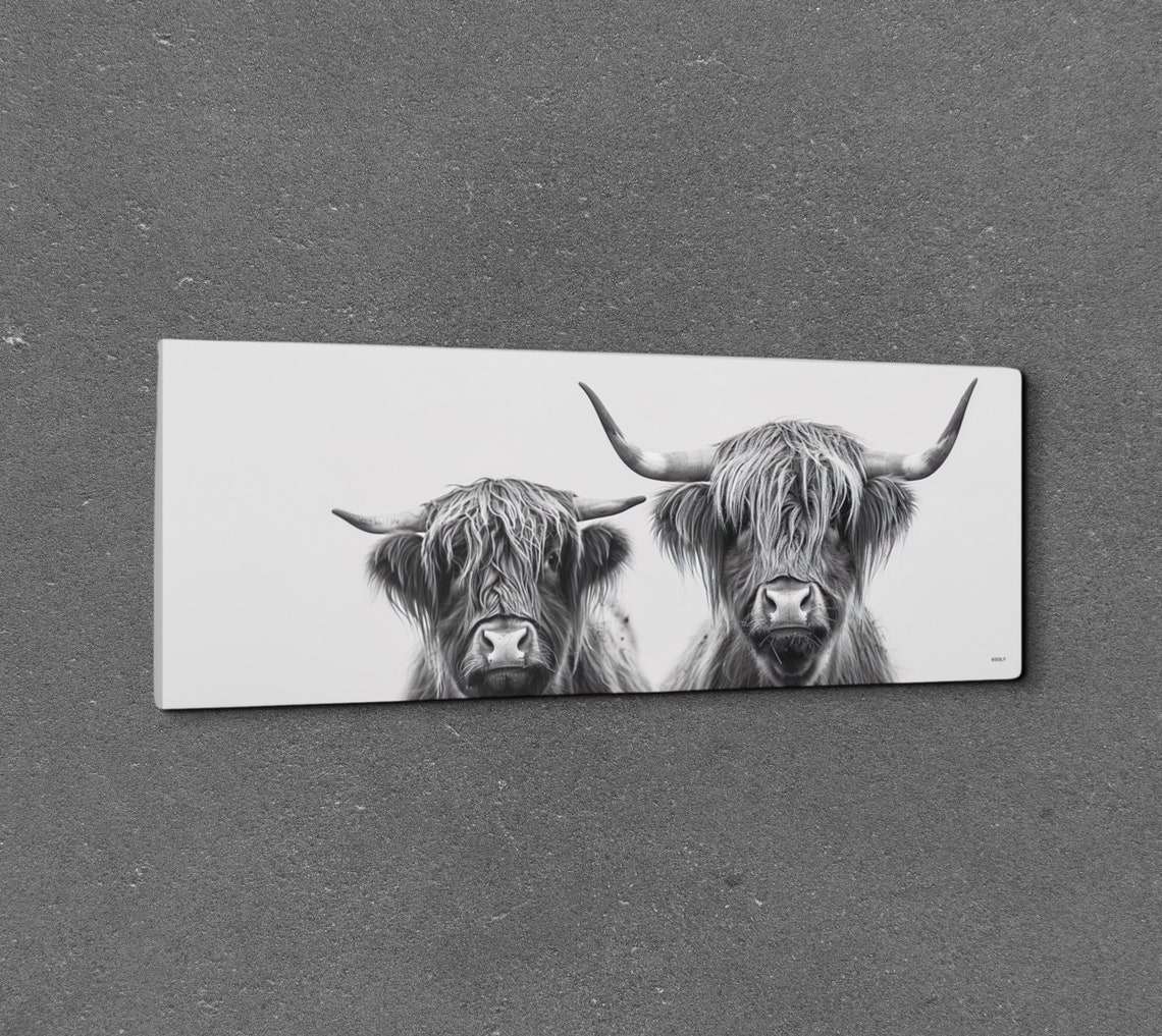 Highland Cow Pair Black and White Panoramic Farmhouse Wall Art - Image 3