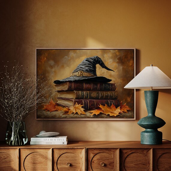 Witch Hat Buckle Spell Books Autumn Leaves Halloween Magic Poster Art