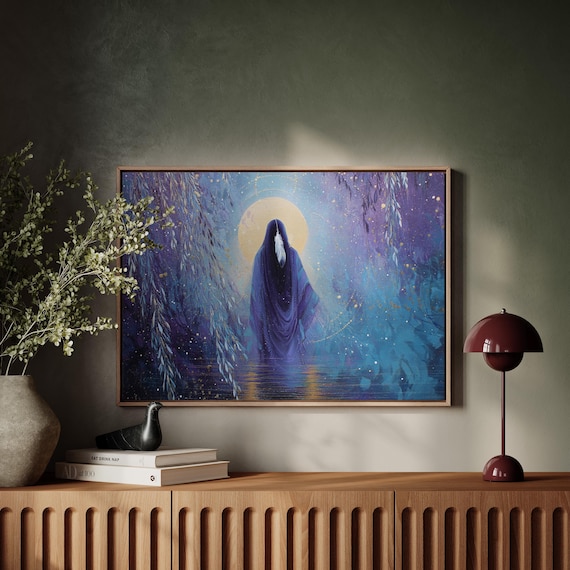 Mystic Feathered Cloak Woman Moonlit Water Willow Full Moon Poster