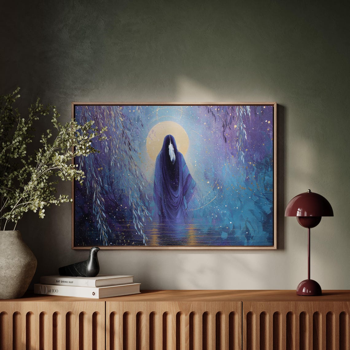 Mystic Feathered Cloak Woman Moonlit Water Willow Full Moon Poster