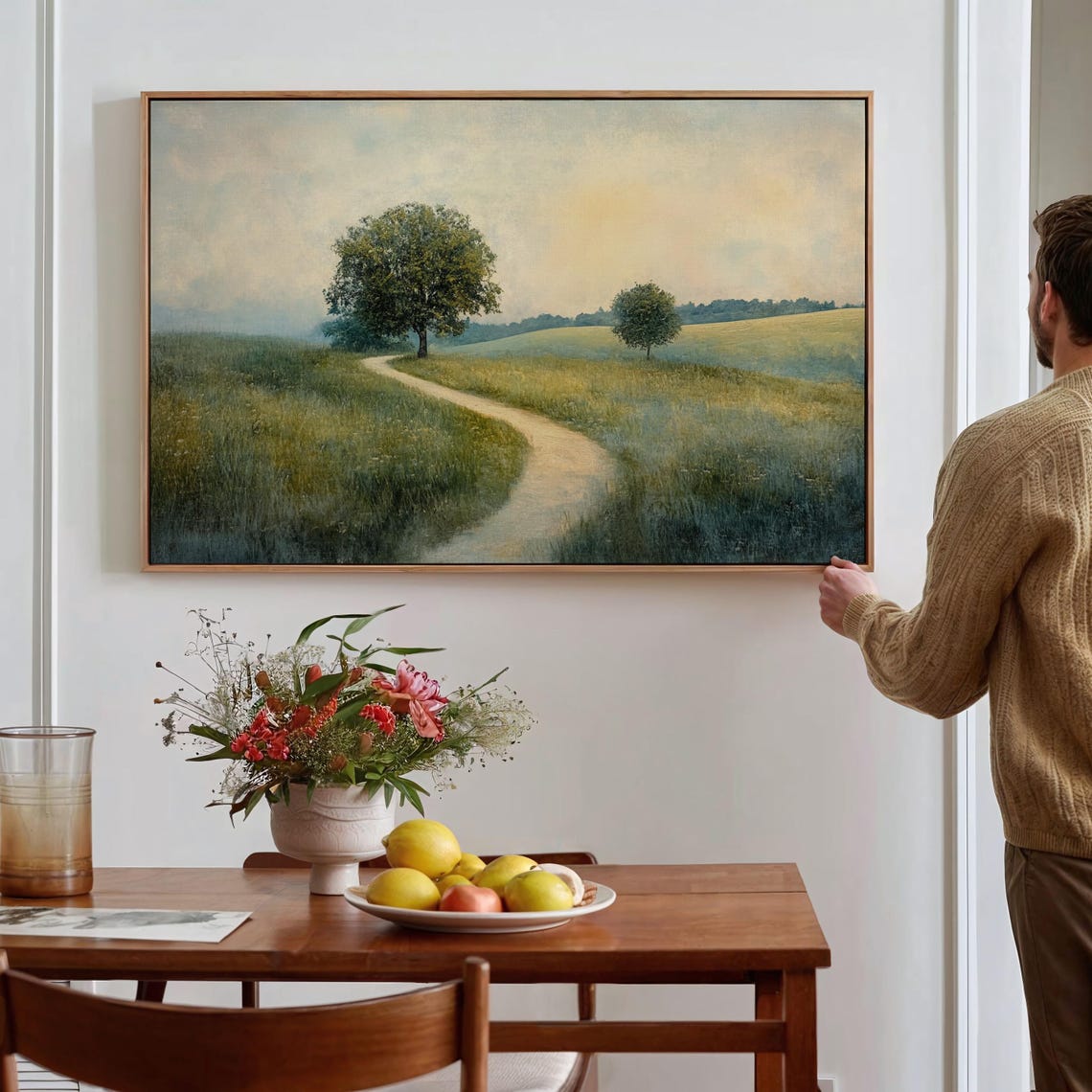 Lone Tree by Winding Meadow Path Vintage Landscape Painting Poster - Image 4
