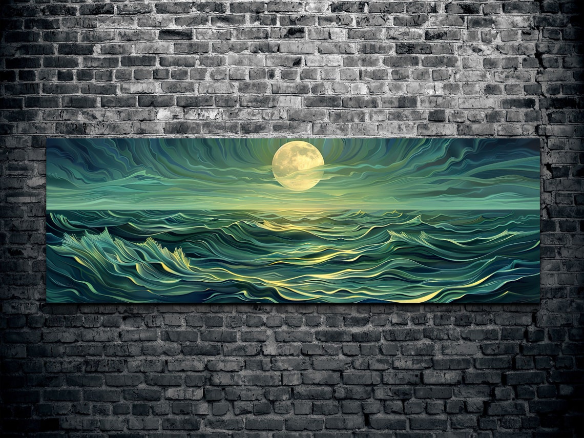 Glowing Full Moon Over Teal Waves Stylized Night Ocean Poster - Image 2