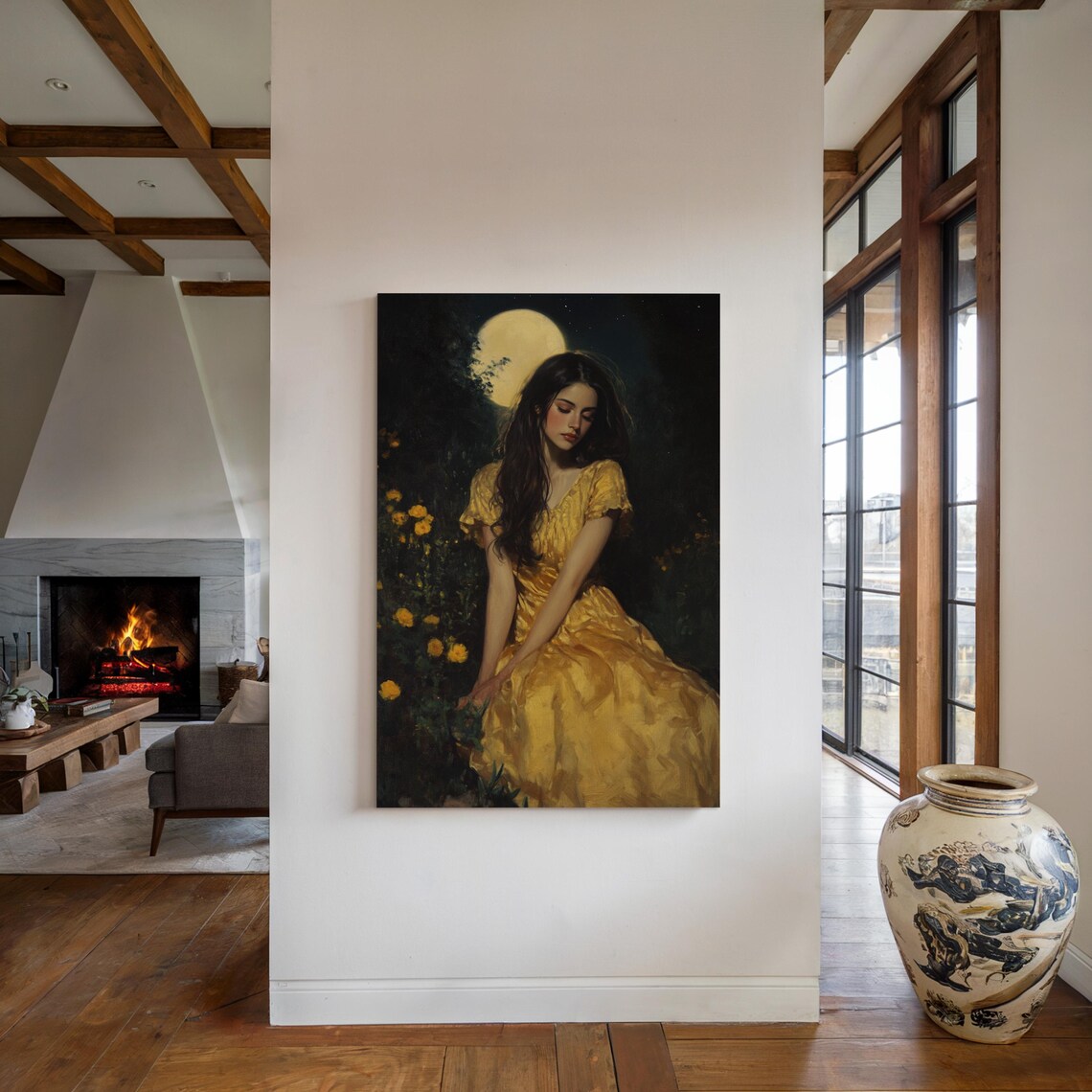Elegant Woman Golden Gown Full Moon Night Garden Romantic Poster - Image 4