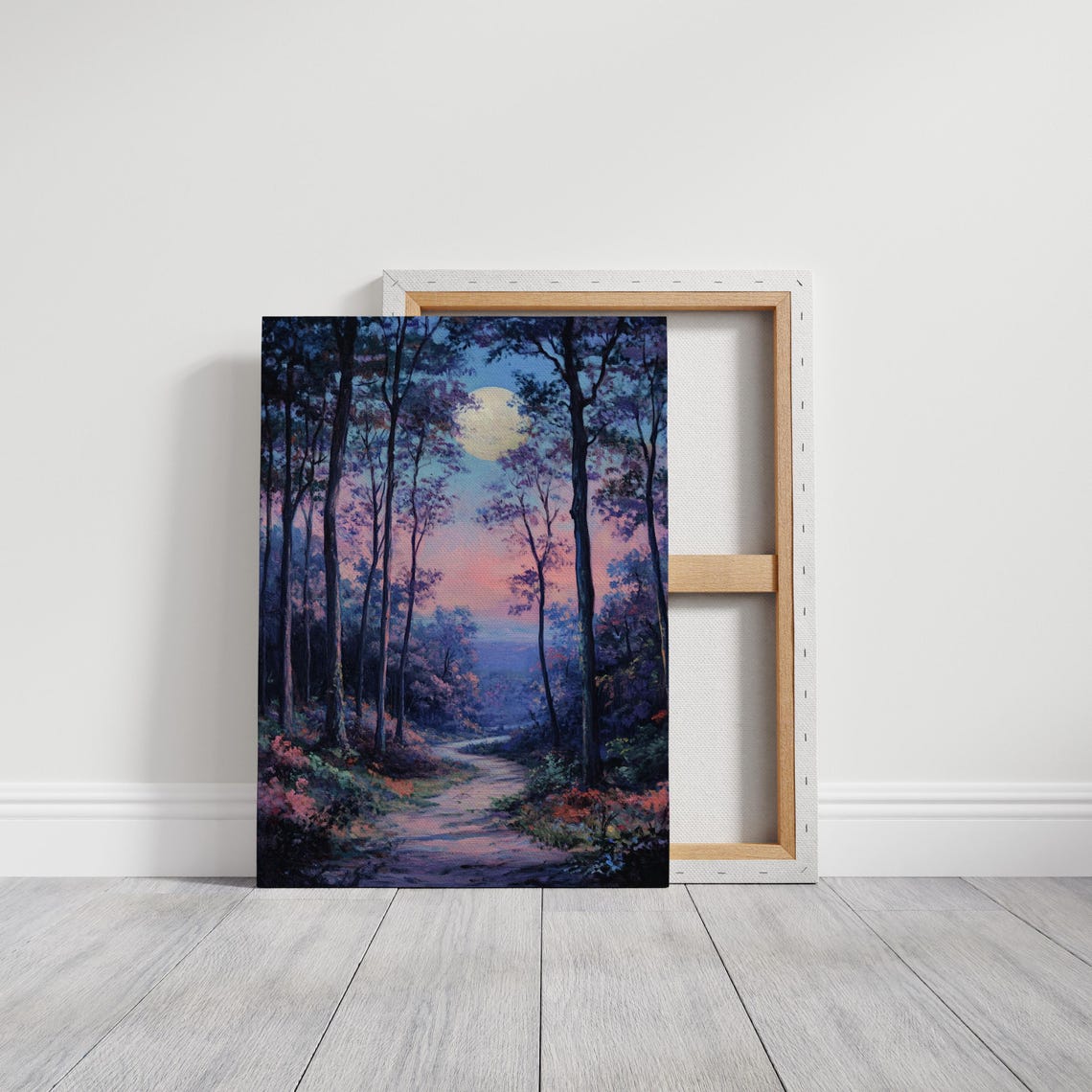 Moonlit Forest Path Purple Blue Woodland Moon Night Scene Poster - Image 3