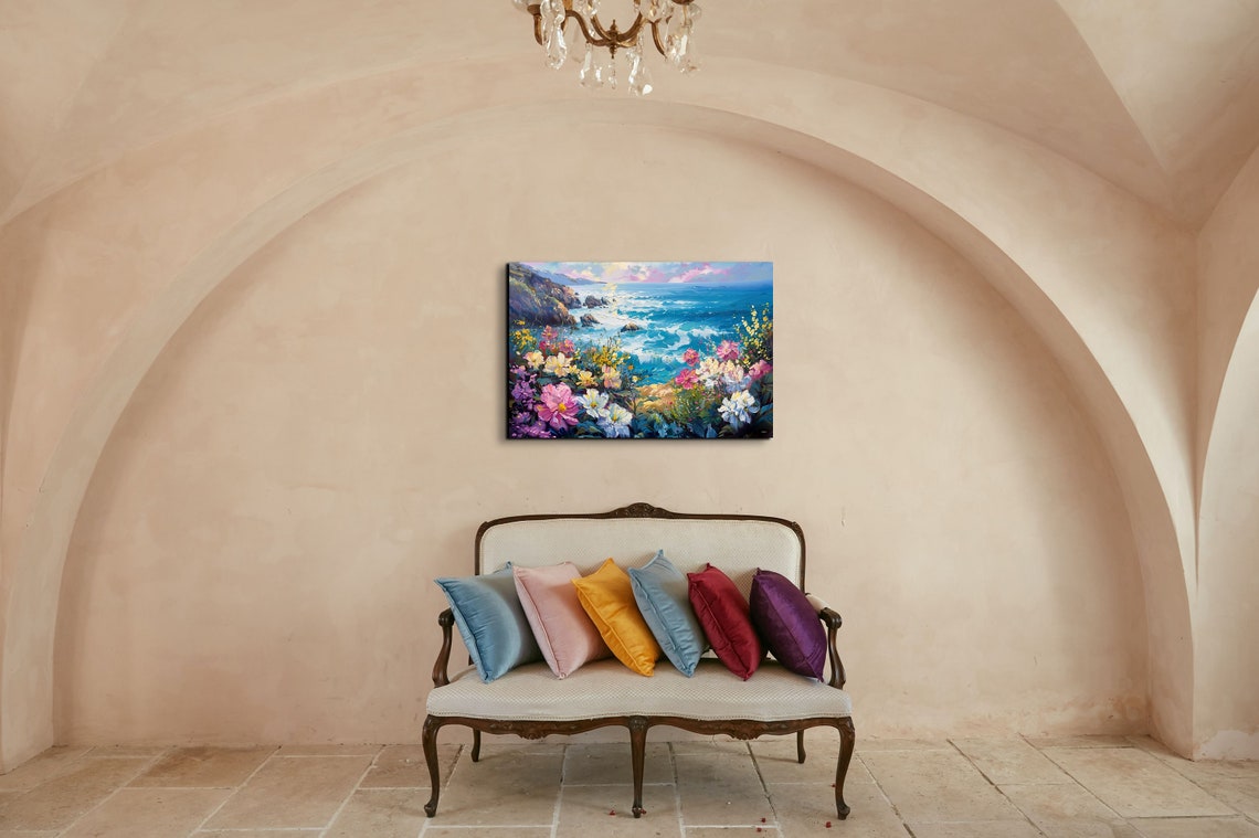 Ocean Waves Over Flowering Coast Pink Blossom Seascape Poster - Image 7