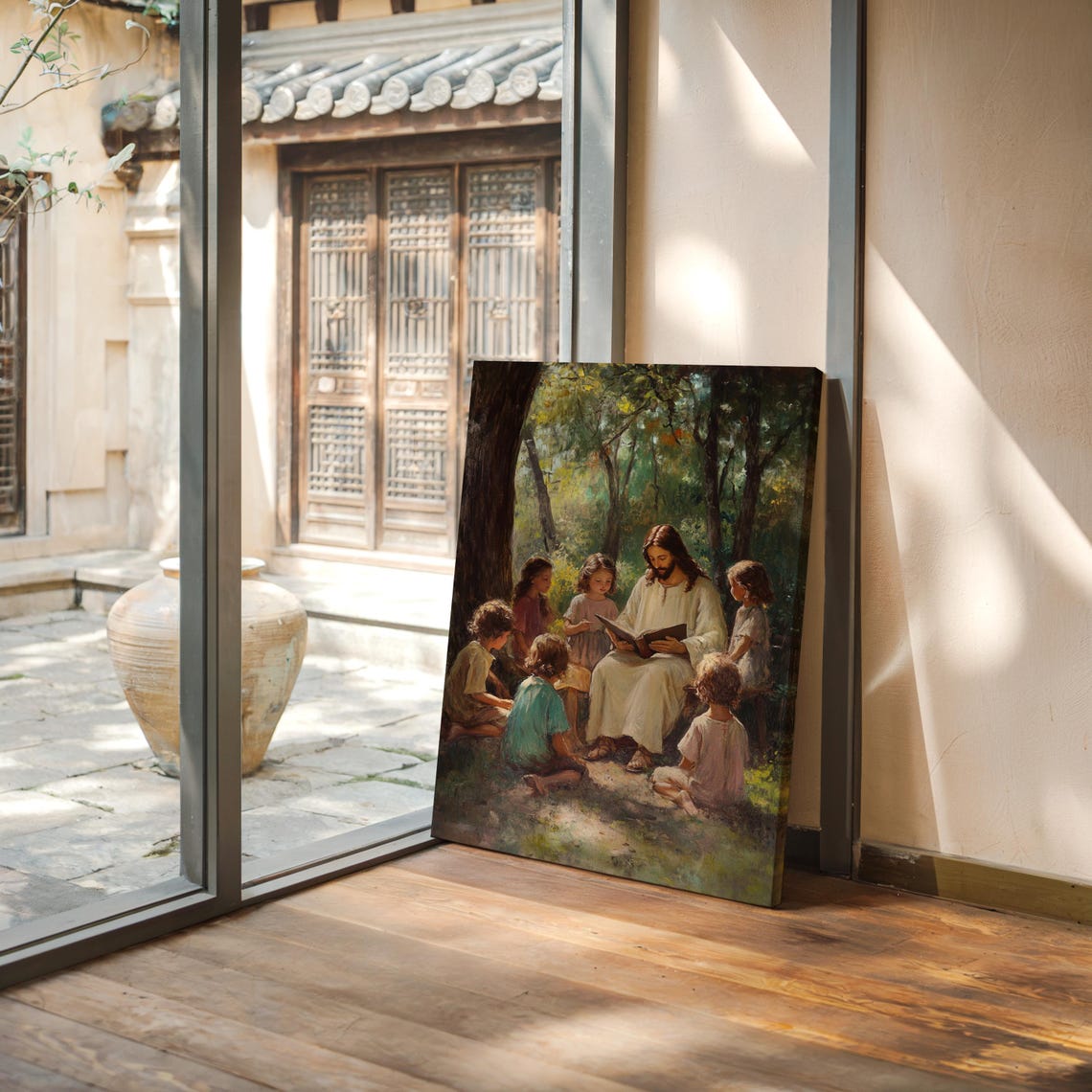 Jesus Teaching Children Reading Book Forest Glade Scene Poster - Image 4