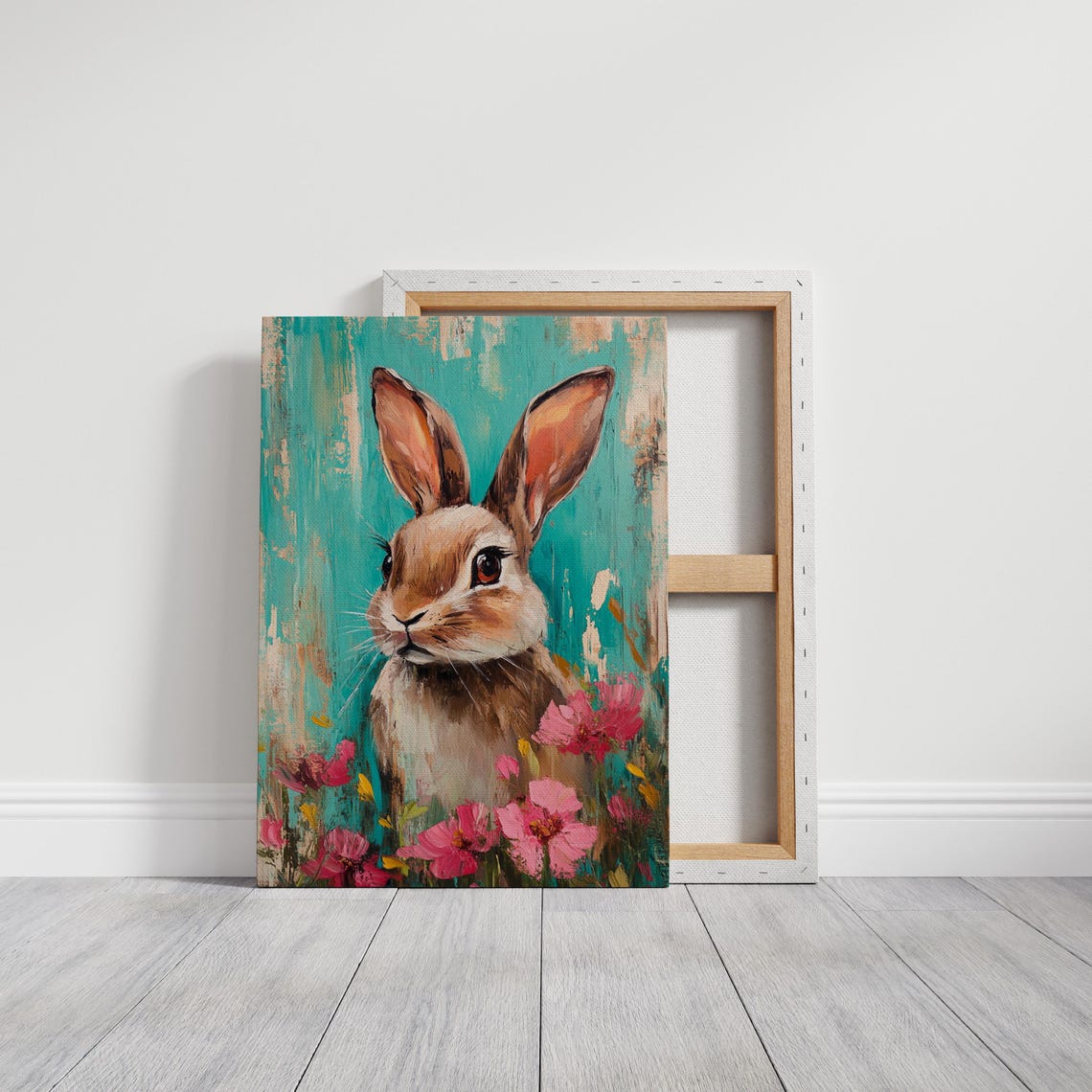 Brown Rabbit Among Pink Blossoms on Turquoise Painted Backdrop Poster - Image 6