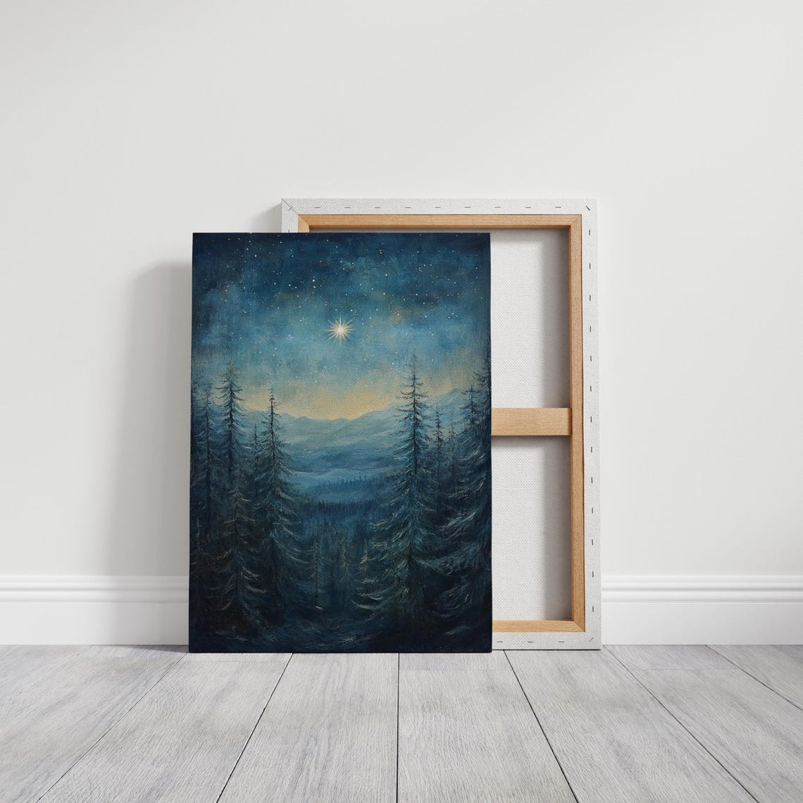 Bright Star Over Snowy Mountain Pines Night Sky Winter Art Print - Image 3