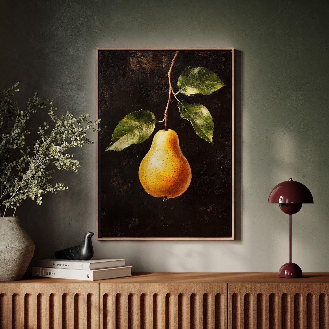 Golden Pear Hanging from Branch Baroque Dark Still Life Poster