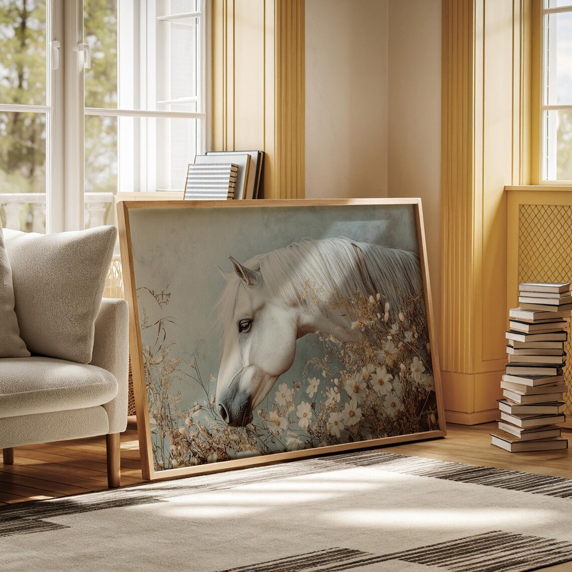 White Horse In Wildflower Meadow, Rustic Art Print - Image 5