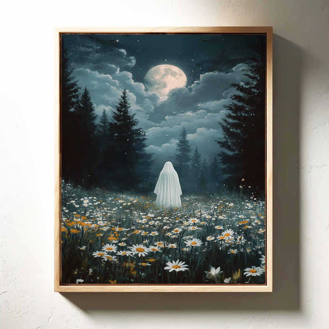 Ghost In Moonlit Daisy Field Night Forest Full Moon Mystical Haunt Poster - Image 2