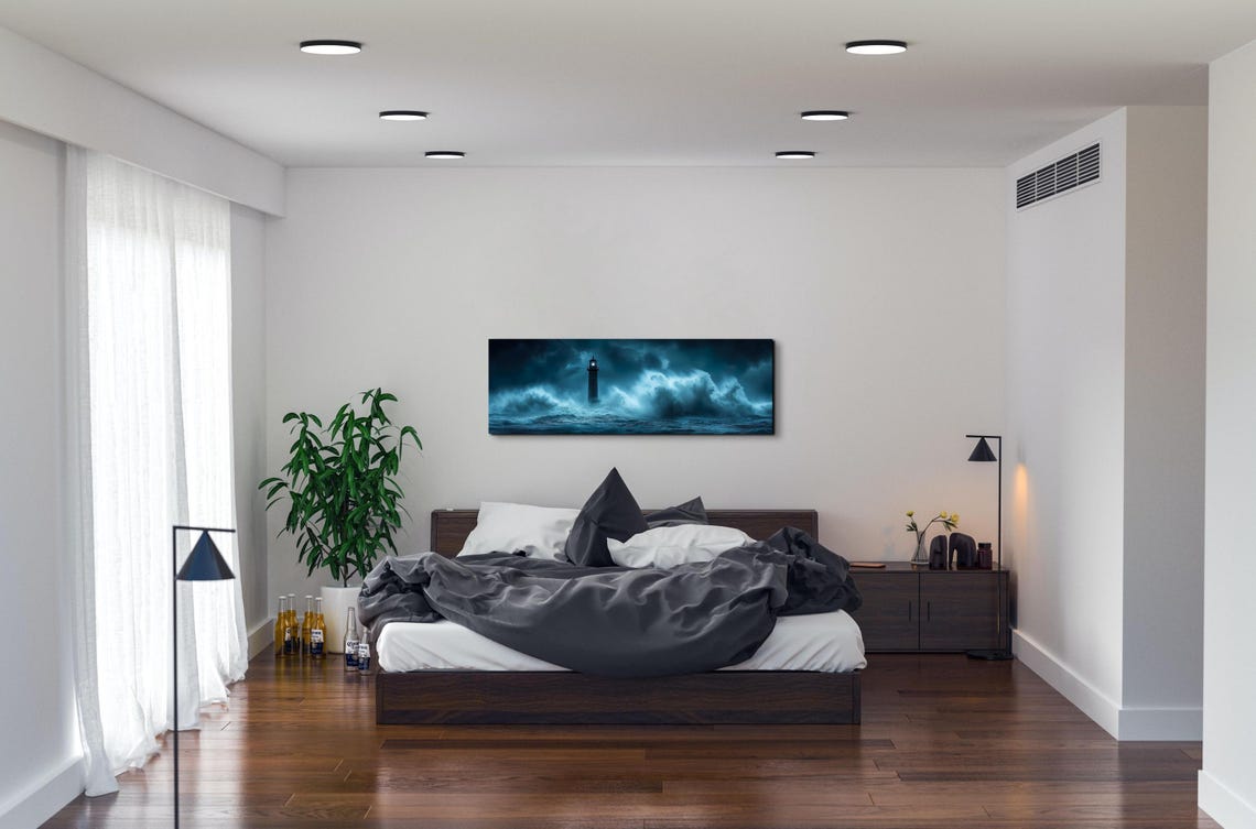 Lighthouse Enduring Night Storm Waves Moody Ocean Panoramic Poster - Image 6