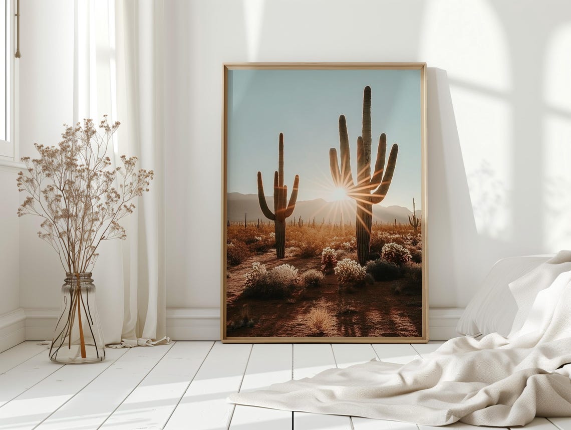 Saguaro Cactus Sunrise Desert Photography Print with Sun Flare