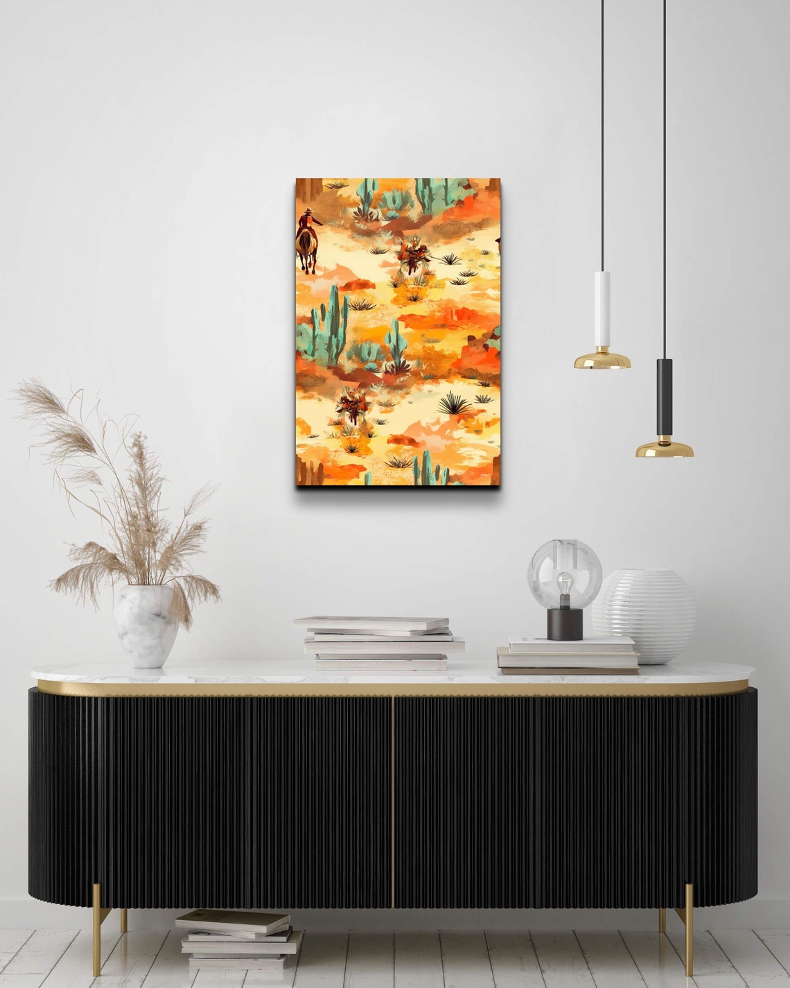 Cowboy On Horseback Desert Cactus Scene Watercolor Style Poster - Image 7