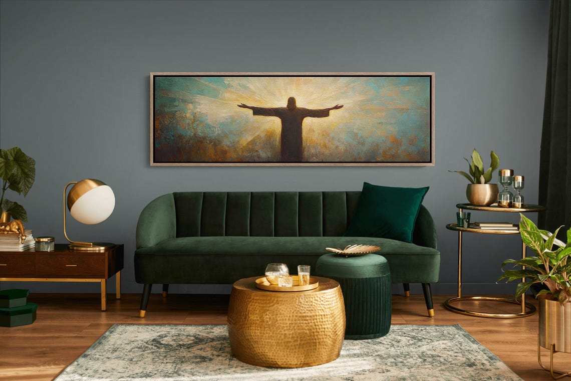 Jesus Christ Silhouette Outstretched Arms Radiant Golden Light Poster - Image 6