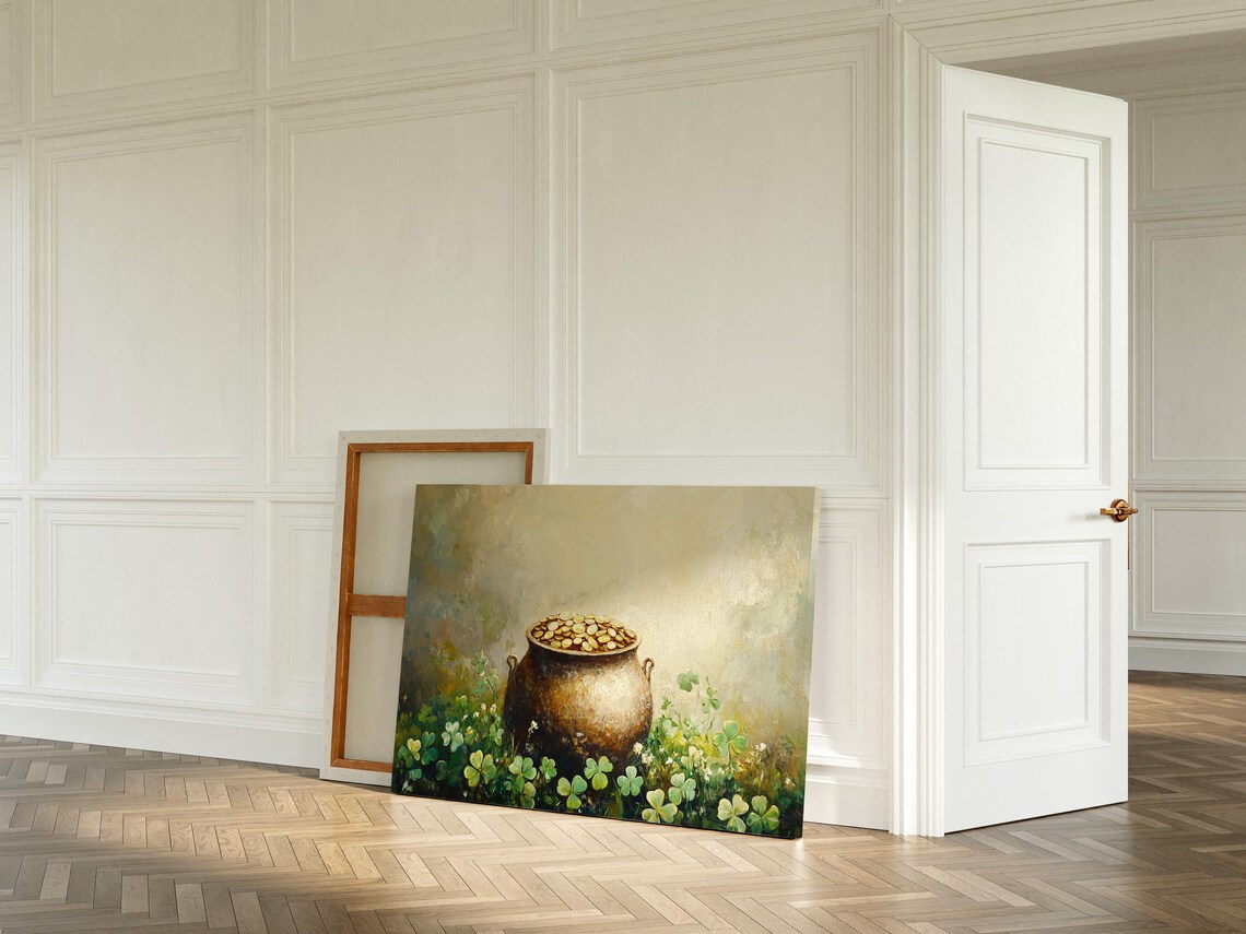 Golden Pot of Coins in Clover Field Impressionist Painting Wall Art - Image 5