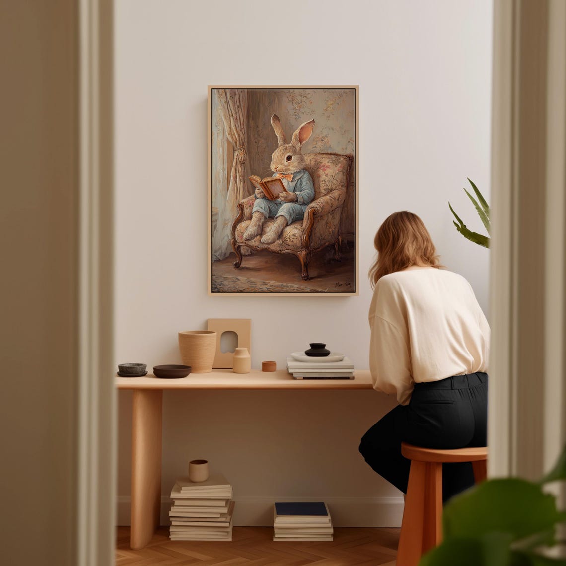 Whimsical Bunny Reading Book In Floral Armchair Nursery Poster - Image 4