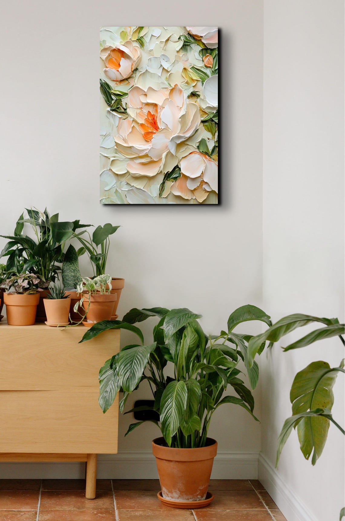 Cream Blush Delicate Peony Blooms Impasto Floral Vertical Art Poster - Image 6