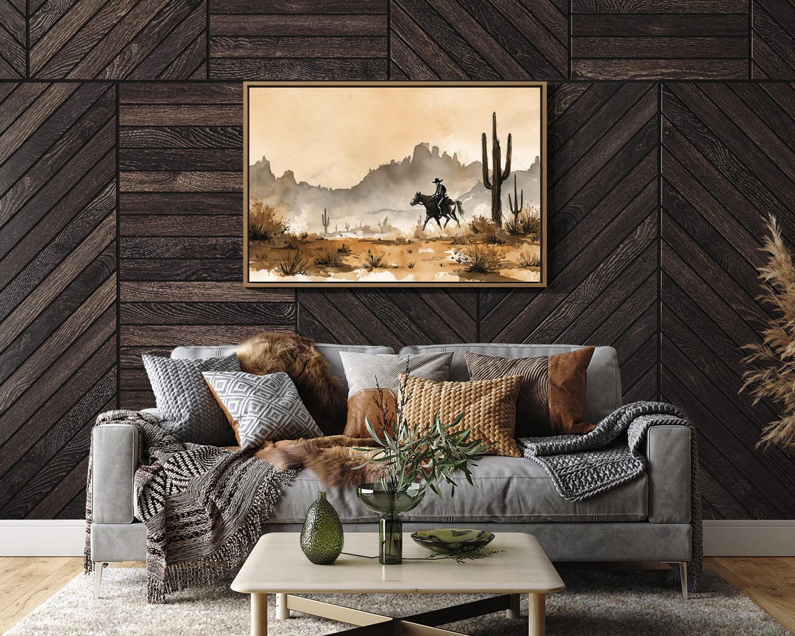 Cowboy Riding Through Desert Cactus Sepia Western Art Poster