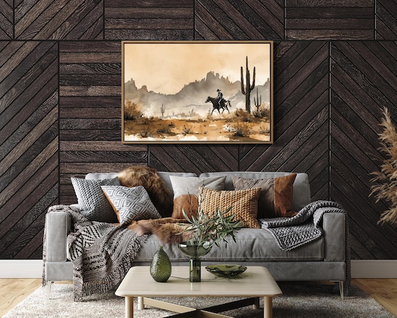 Cowboy Riding Through Desert Cactus Sepia Western Art Poster