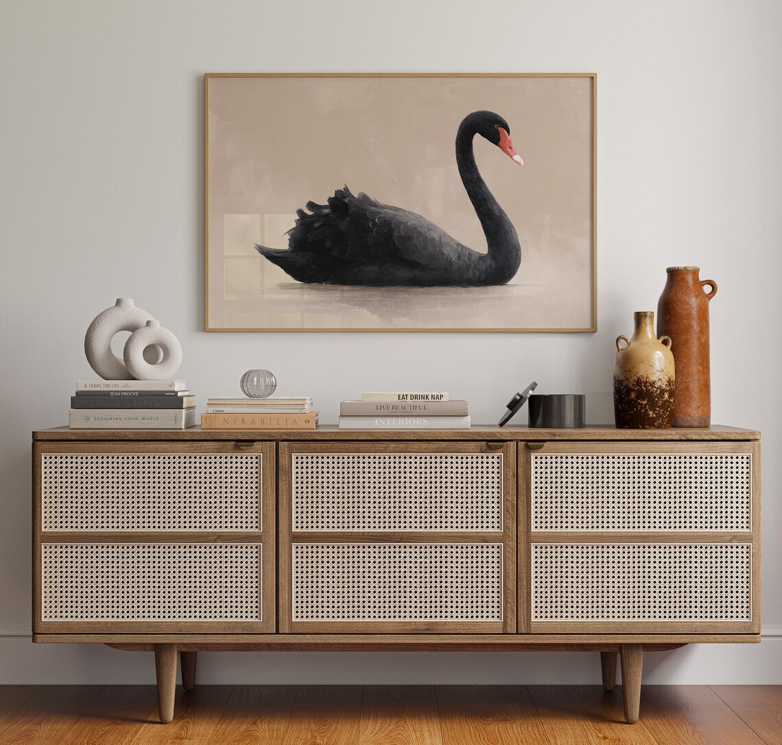 Elegant Black Swan Minimalist Beige Neutral Bird Painting Wall Art