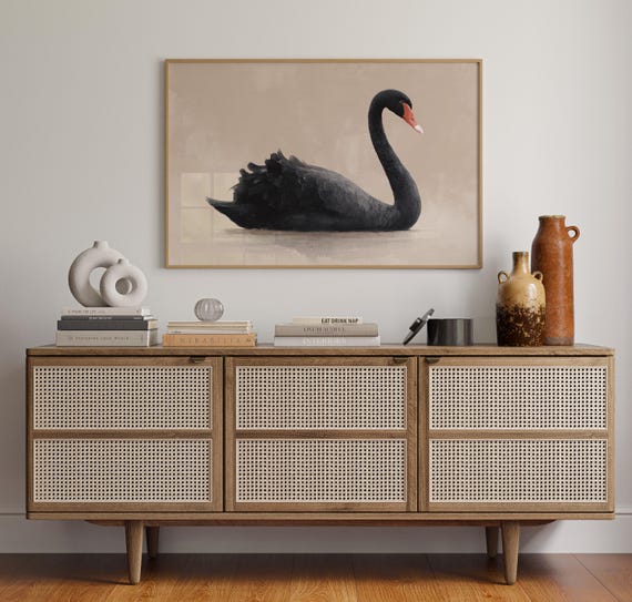 Elegant Black Swan Canvas Wall Art Minimalist Bird Painting On Neutral Background Modern Natureinspired Animal Print For Home Dcor