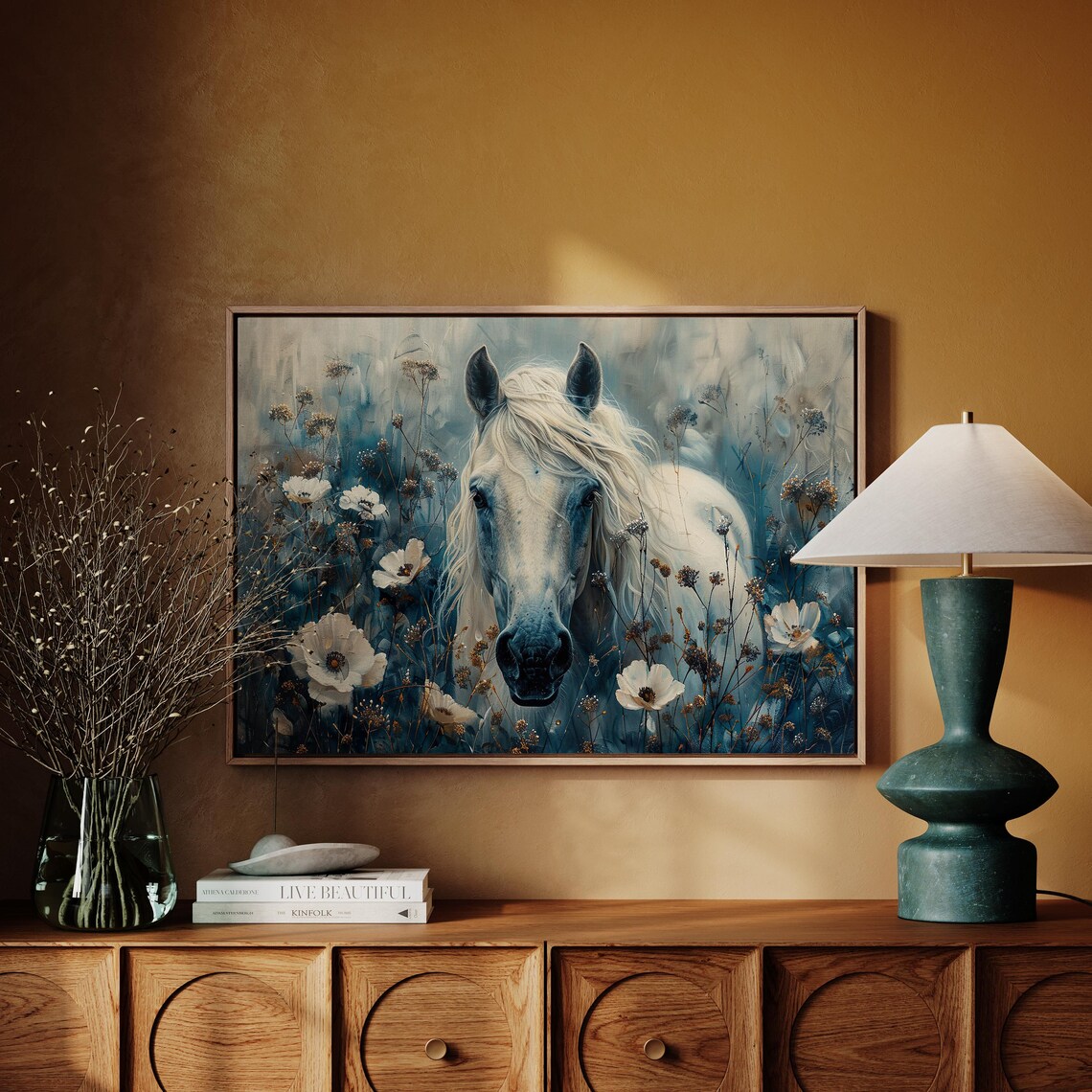 White Horse and Wild Flowers Landscape Art Print