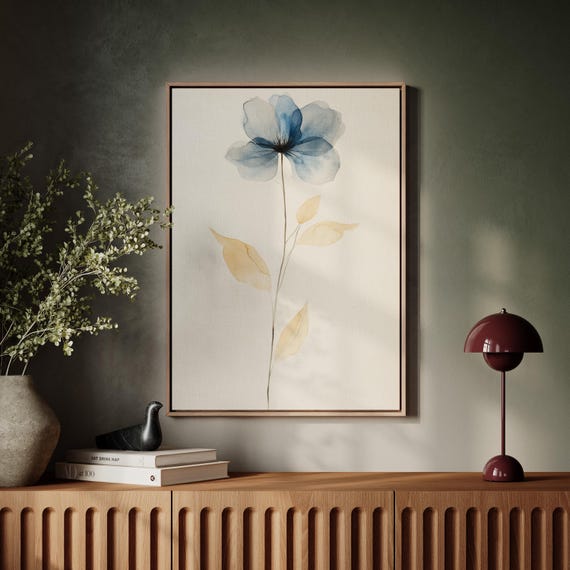 Blue Watercolor Flower Painting Minimalist Botanical Canvas Wall Art
