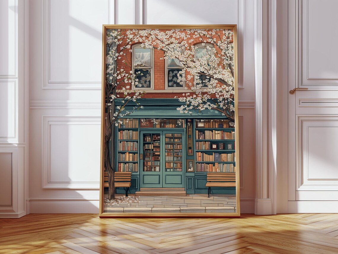Bookshop Glass Doors Poster With Cherry Blossom Branches And Benches - Image 4