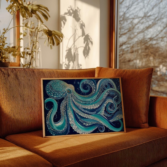 Blue Octopus Swirling Tentacles Deep Sea Dotwork Ocean Poster