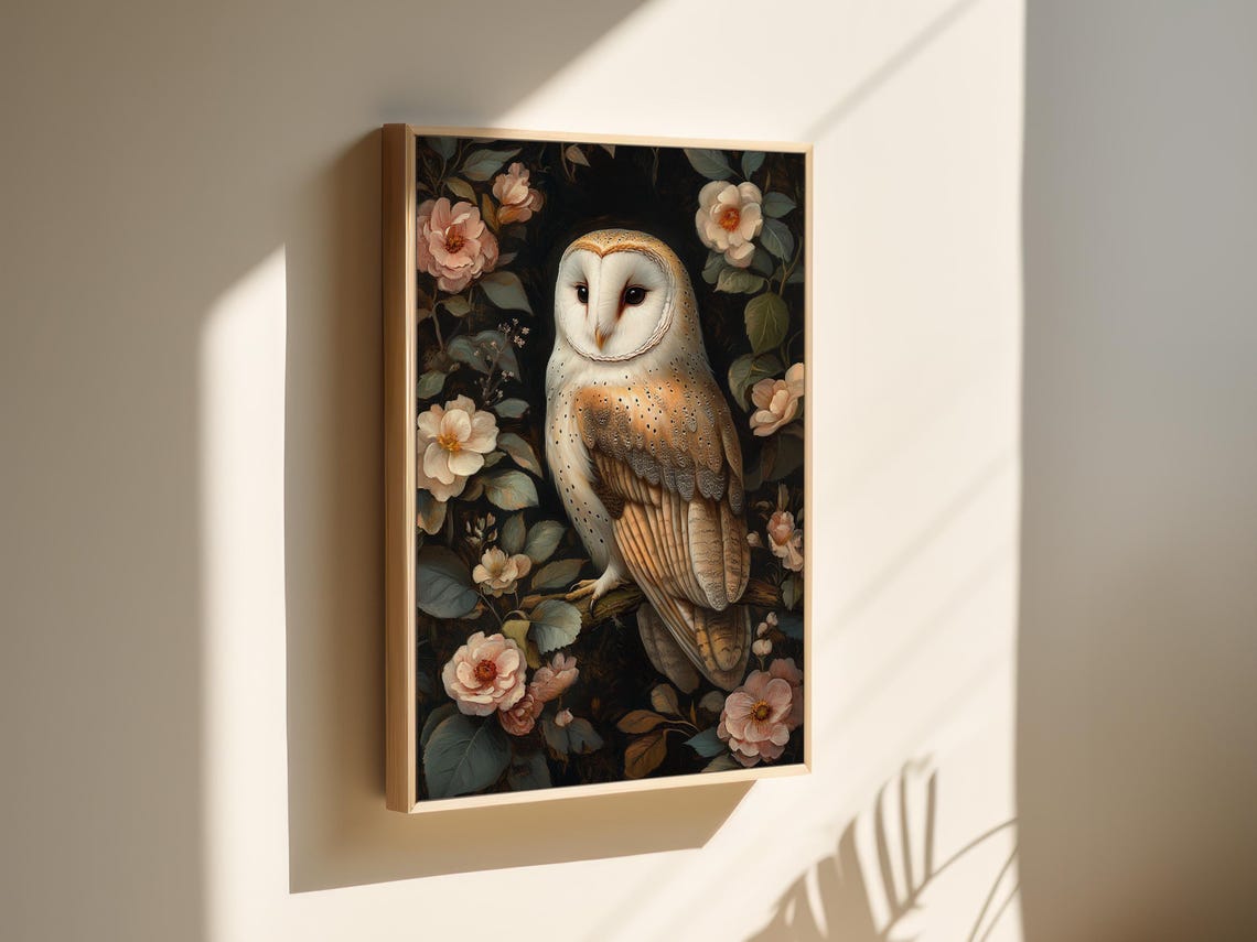Barn Owl Among Pink Blossoms Dark Floral Wildlife Art Poster - Image 5