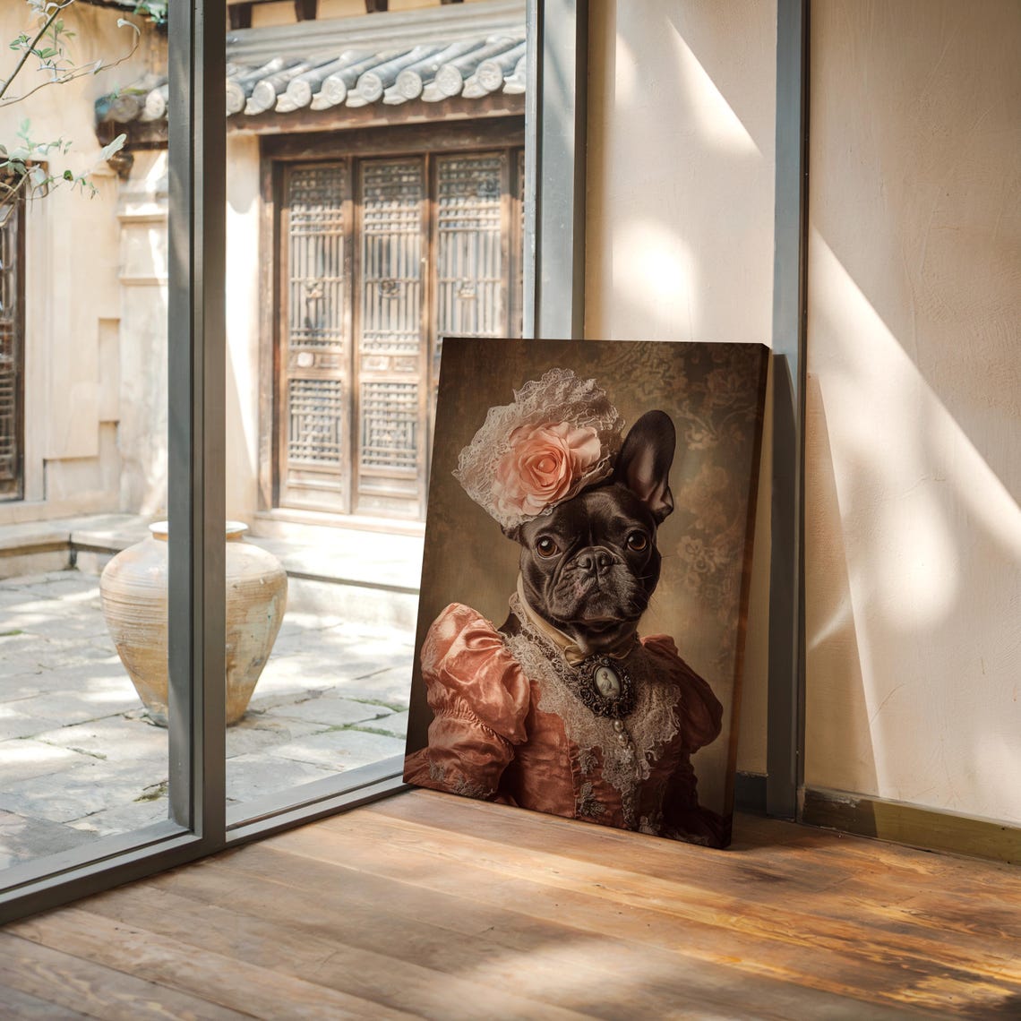 Victorian French Bulldog Regal Dog Portrait With Pink Dress And Lace For Unique Vintage Pet Wall Art - Image 4