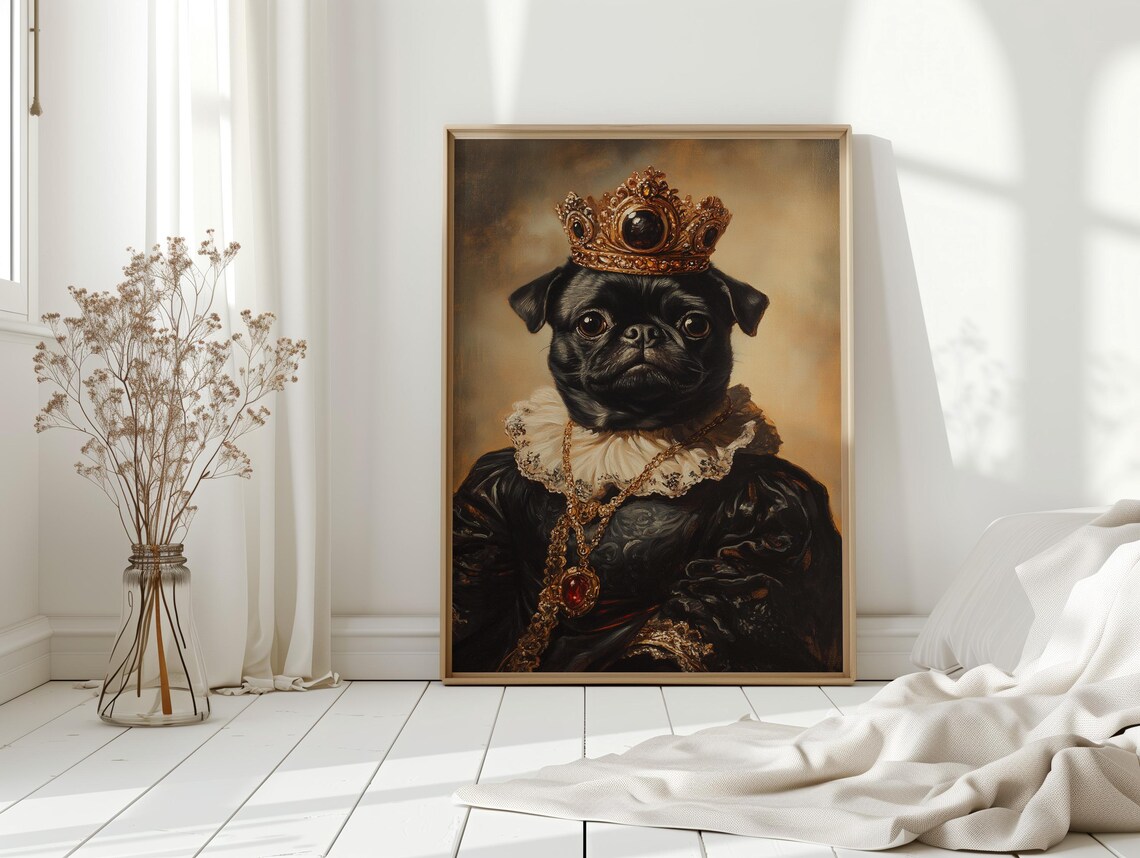 Royal Black Pug In Crown And Jeweled Gown Regal Portrait Wall Art