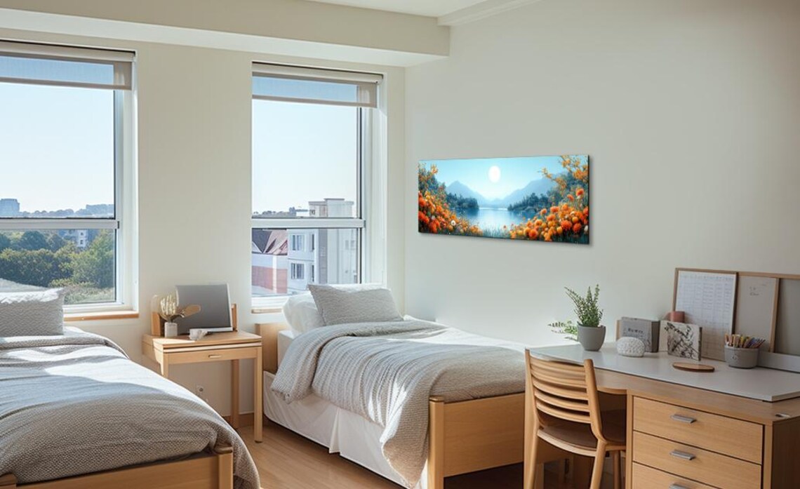 Panoramic Mountain Lake With Orange Wildflowers Under a Bright Sun Poster - Image 4