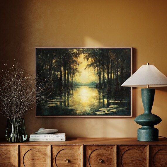 Sunlit Swamp Wall Art Serene Cypress Trees And Reflective Waters Nature Inspired Landscape Painting For Home Decor