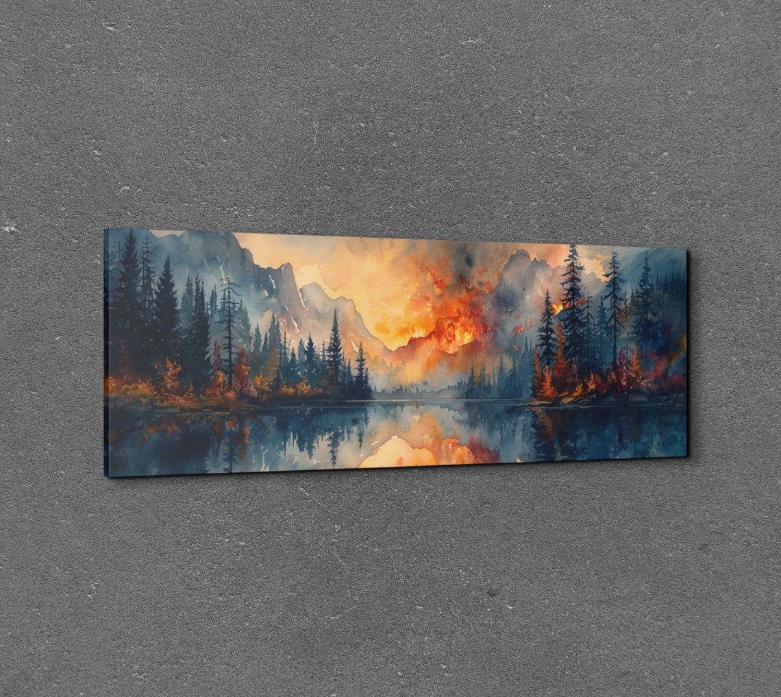 Panoramic Watercolor Lake Pine Forest Fiery Sky Reflection Wall Art - Image 3