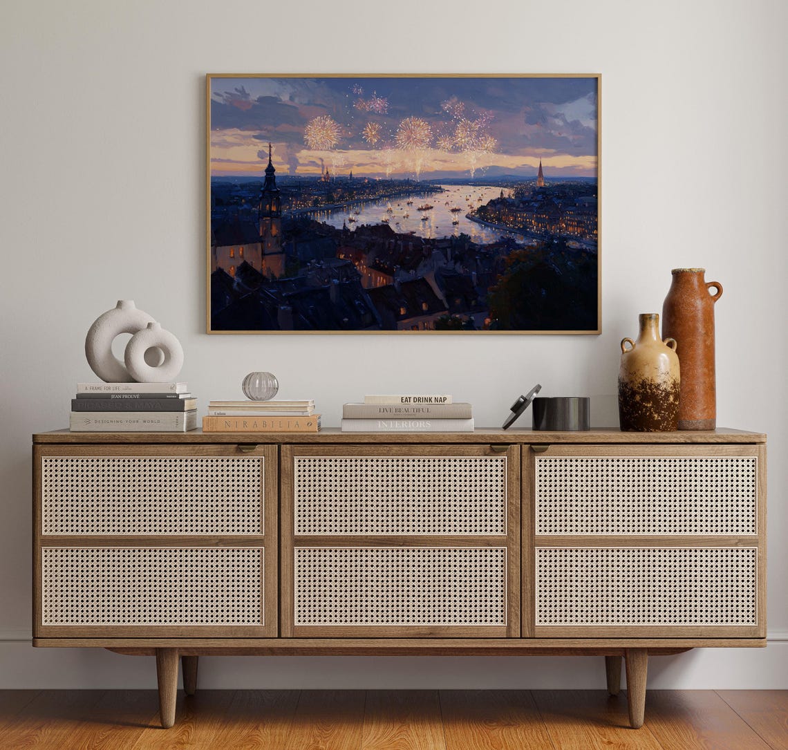 Fireworks Over Riverside City At Sunset Oil Painting Canvas Poster