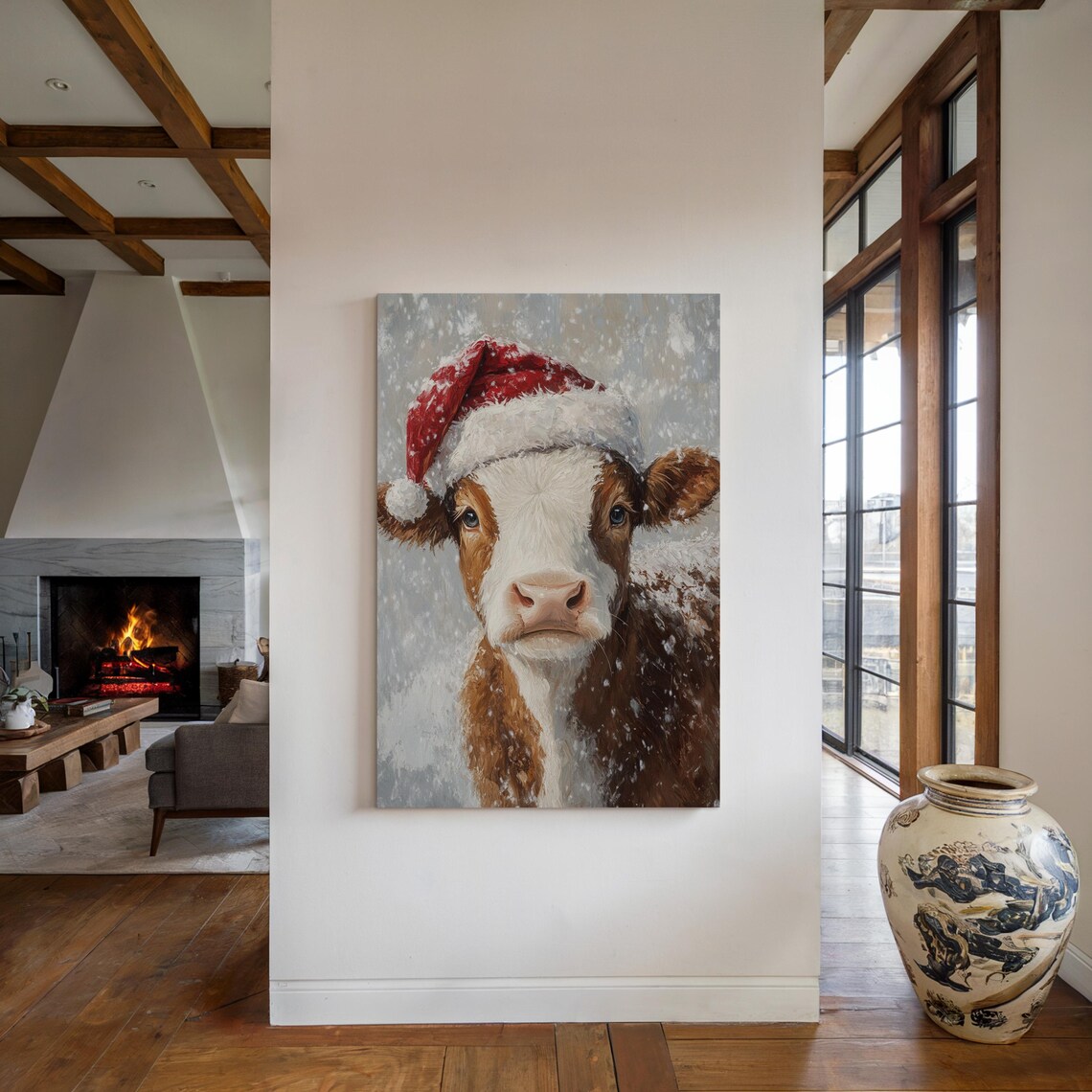 Festive Cow Art Print, Rustic Christmas Holiday Decor - Image 4