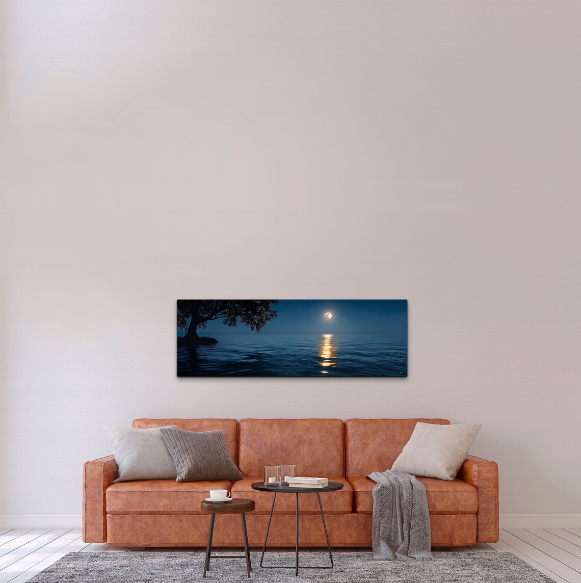 Full Moon Over the Ocean With Golden Water Reflection Panoramic Wall Art - Image 3