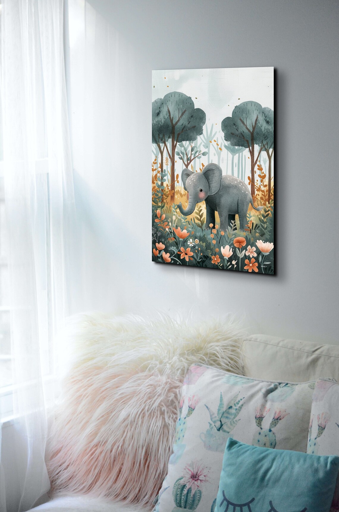 Cute Baby Elephant Watercolor Forest Nursery Kids Room Wall Art - Image 6