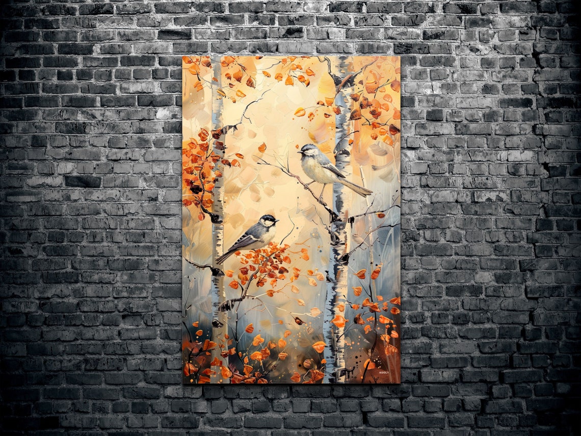 Two Blue Birds on Birch Trees with Orange Autumn Foliage Poster - Image 2